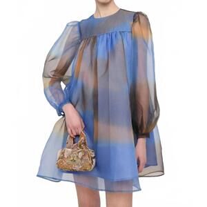 NEW HELMSTEDT elena chiffon babydoll sheer dress in blue moss